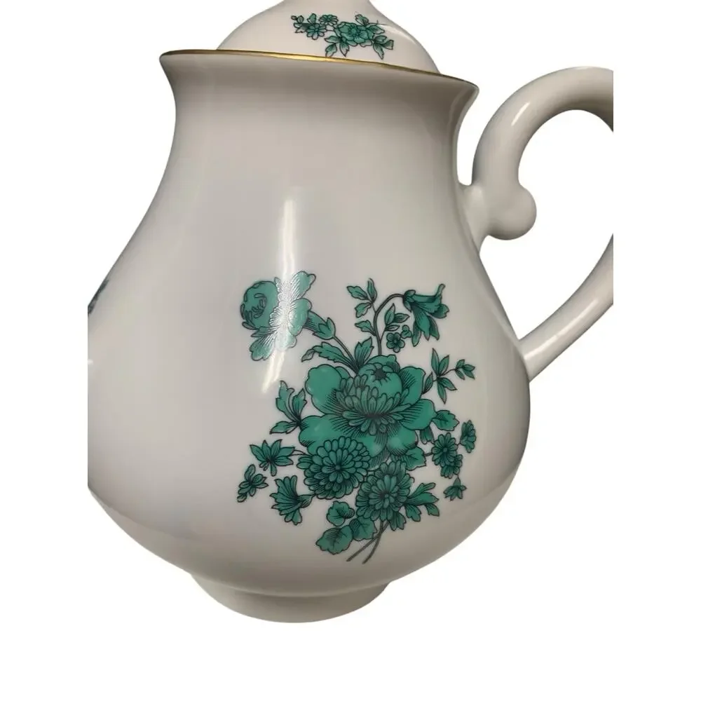 Mottahedeh Vista Alegre Porcelain 9 Inch Green Rose Floral Tea Pot Made In Portu